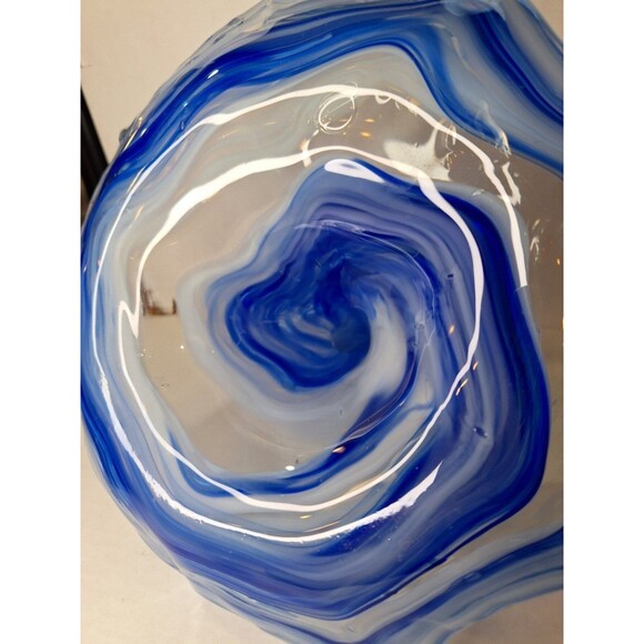HANDMADE BLOWN SWIRL GLASS ART PIECE BLUE WHITE ONE-OF-A-KIND SERVING DISH - Picture 4 of 10